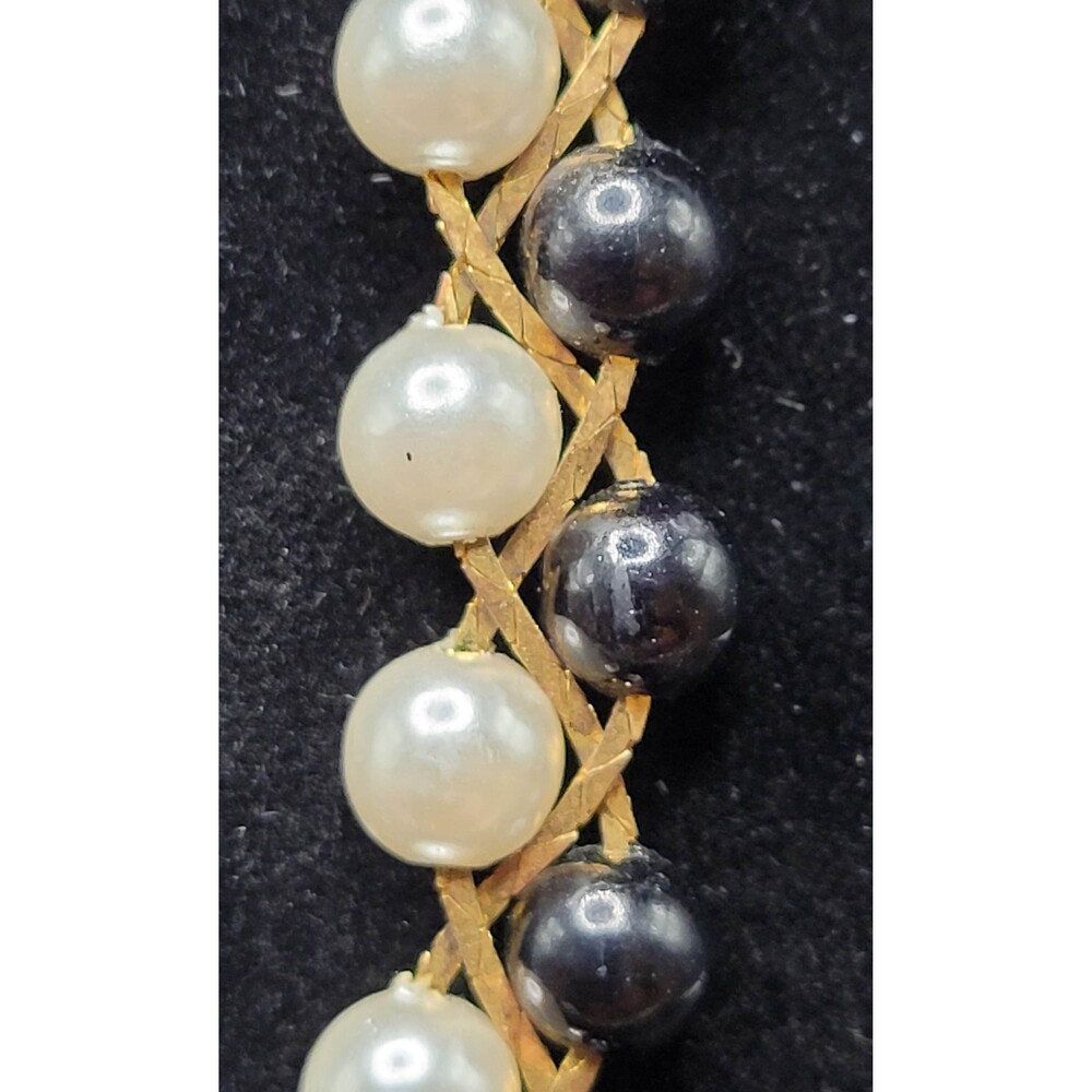 Intricate Gold Braiding Through Black and White Beaded Necklace